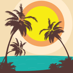 Fototapeta na wymiar Palm trees on island retro poster