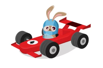 Foto op Canvas funny illustration of a cartoon rabbit in a racing car © shockfactor.de