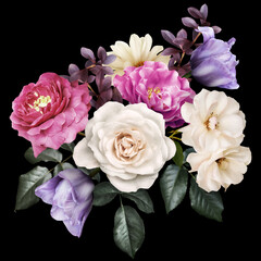 Pink and white roses, dahlia isolated on black background. Floral arrangement, bouquet of garden flowers. Can be used for invitations, greeting, wedding card.