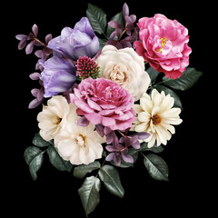 Pink and white roses, dahlia isolated on black background. Floral arrangement, bouquet of garden flowers. Can be used for invitations, greeting, wedding card.