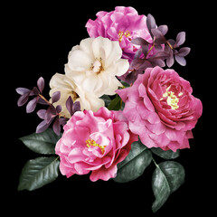 Naklejka na ściany i meble Pink and white roses, dahlia isolated on black background. Floral arrangement, bouquet of garden flowers. Can be used for invitations, greeting, wedding card.
