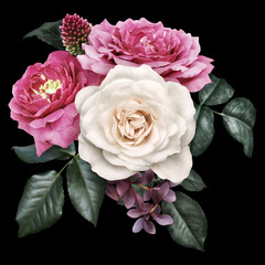 Pink and white roses, dahlia isolated on black background. Floral arrangement, bouquet of garden flowers. Can be used for invitations, greeting, wedding card.