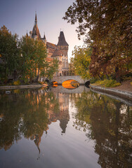 Fototapeta premium View on Vajdahunyad castle in the City Park of the Hungarian capital Budapest in dusk