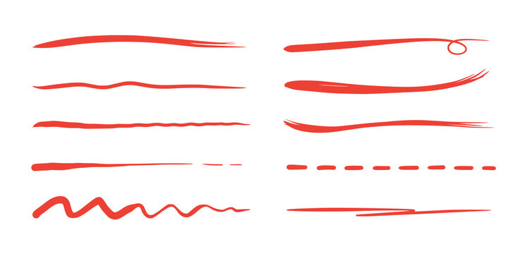 Red brush stroke underline. Marker pen highlight stroke. Vector swoosh brush underline set for accent, marker emphasis element..