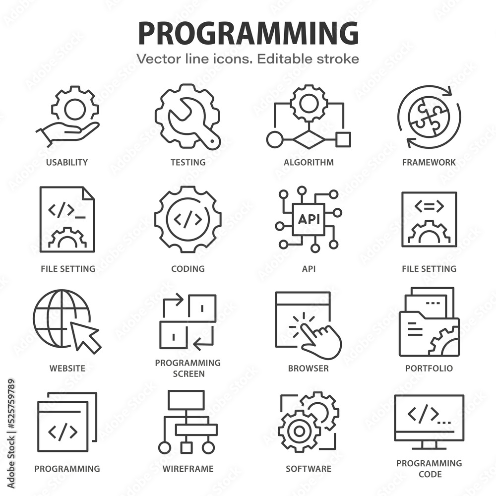 Poster programming line icons. set of software, code, web, develop and more. editable stroke.