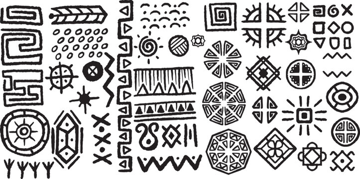 Hand drawn set of indian tribal drawing isolated on white background.