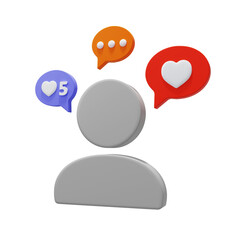 Likes, messages from the user..Subscriber notification icon. Social network signs. 3D Render. 