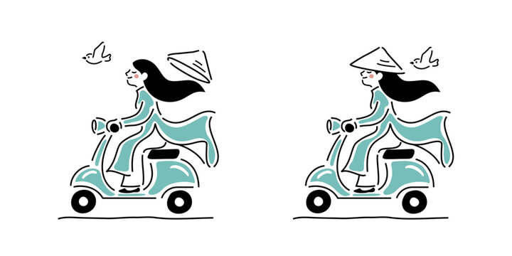 Vietnamese girl in Ao dai, scooter, flat vector illustration
