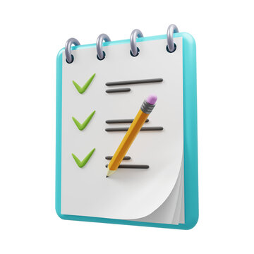 To-do list icon. Notepad with completed to-do list and pencil. 3D render