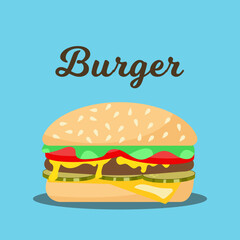 Cartoon Burger with Lettuce, Tomato, cucumber, sauce, cheese. Delicious vector fast food cheeseburger illustration. Burger illustration