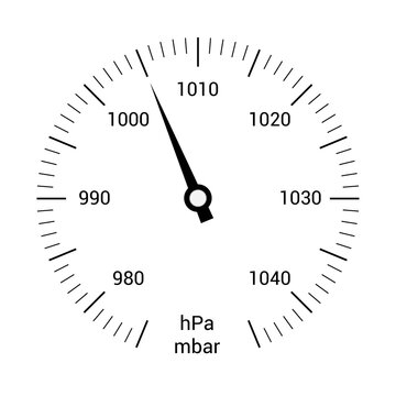 A simple illustration of a barometer dial with numbers and a hand. Notation mbar and hPa, vector