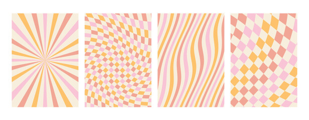 Groovy rainbow pastel backgrounds. Chessboard, grid, waves, swirl, vortex pattern.. Twisted and distorted vector texture in a trendy retro psychedelic style. The aesthetics of the hippies of the 70s.
