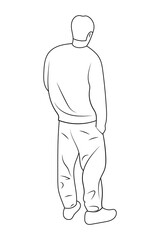 Young man standing back view sketch vector illustration.