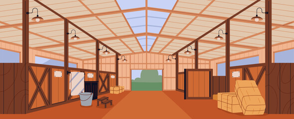 Empty stable, stall panorama. Inside wood shed interior. Paddock building for farm livestock, cattle, horse. Rural country storehouse hangar background with hay, gate. Flat vector illustration