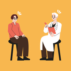 Man see doctor for check himself, Doctor consulting male patient, for prevent coronavirus. Health care concept. Flat vector illustration isolated on white background