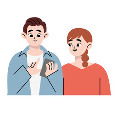 People are looking at their cell phones. They are chatting through social media. Flat vector illustration isolated on white background