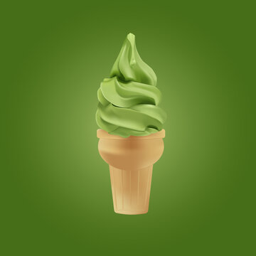 Ice cream vector drawing in realism. Matcha ice cream in a cone