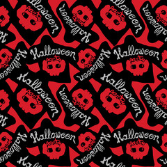 Halloween Party hand lettering, black and red colours. Seamless pattern for Halloween.