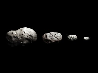 Four asteroids on a black background. Meteorites of different sizes and shapes. Cosmic stones.