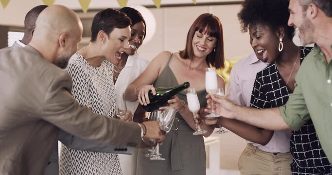 Happy, party and friends with champagne together for a birthday or special event celebration. Relax, smile and diversity with excited people and drink in social anniversary or congratulations