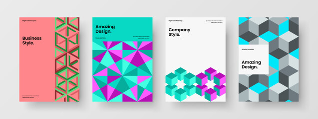 Fototapeta premium Colorful pamphlet design vector concept set. Simple mosaic tiles corporate brochure illustration bundle.