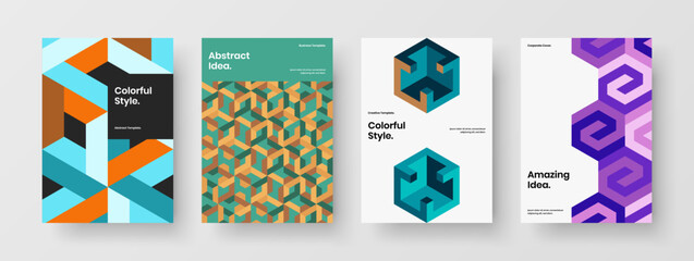 Fresh corporate brochure design vector template bundle. Bright mosaic tiles annual report illustration collection.