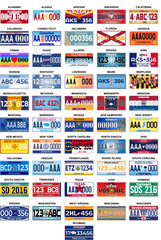 Fototapeta na wymiar Complete Set 51 United States License Plates - All 51 USA States, Special Design And Regulation For All States, Car numbers of vehicle registration in USA states (abstract numbers)