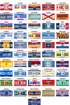 Complete Set 51 United States License Plates - All 51 USA States, Special Design And Regulation For All States, Car numbers of vehicle registration in USA states (abstract numbers)
