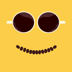 Good morning coffee, Two cups of black coffee as wake up eyes with smiling coffee beans on bright yellow background, fresh drinking beverage, vector illustration.
