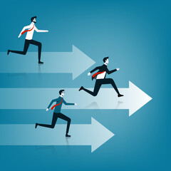 Business competition concept. Three business persons running on the arrow to be a winner