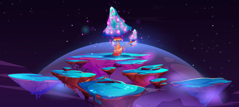 Fantastic floating islands with magic mushroom at night. Vector game background with cartoon illustration of fantasy landscape of flying in air platforms with shiny fly agaric