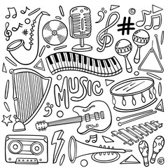 Set of hand drawn music theme isolated on white background, doodle set of Musical Instruments theme. Vector illustration