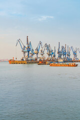 Yangtze River port wharf and and sunset scenery in Jiangyin City, China