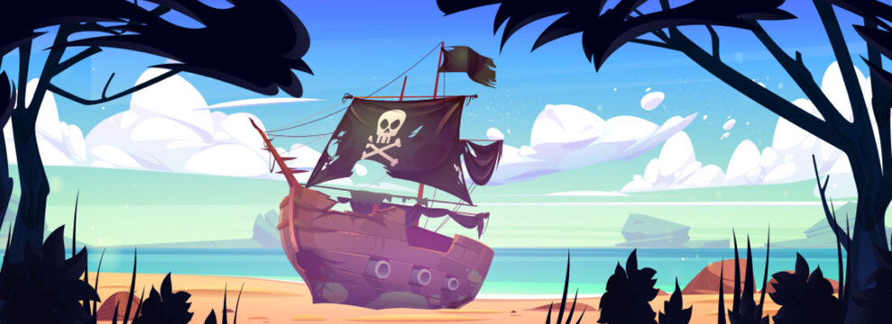 Sea beach with broken pirate ship after shipwreck and jungle trees. Ocean shore landscape with old sunken wooden corsair boat with cannons, black flag and sails with skull, vector cartoon illustration