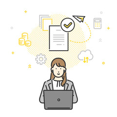 パソコンでクラウドサービスを利用するビジネスパーソンのイメージイラスト素材