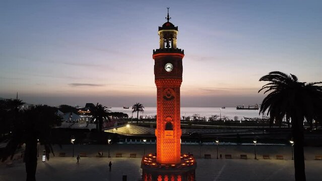 Clock Tower in the Sunset Drone Video, Konak Square Izmir Turkey	