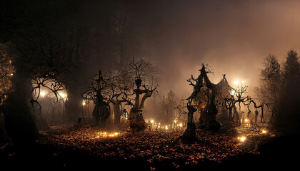 halloween night spooky background with pumpkin and graves