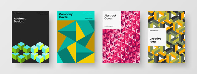 Isolated company identity A4 vector design concept bundle. Bright mosaic hexagons corporate cover illustration set.