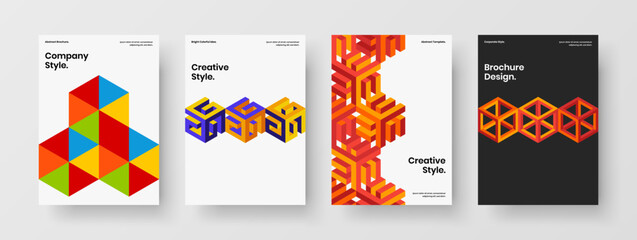 Unique pamphlet vector design template set. Bright mosaic shapes journal cover layout bundle.