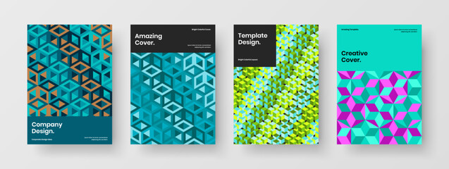 Fototapeta na wymiar Vivid magazine cover vector design illustration set. Abstract geometric pattern presentation template composition.
