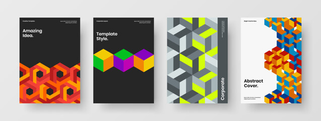 Fototapeta premium Minimalistic mosaic hexagons company brochure layout set. Bright presentation A4 vector design concept bundle.