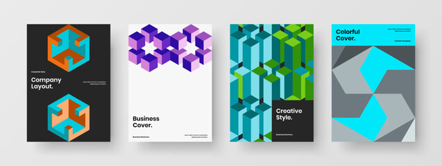 Fresh pamphlet vector design concept collection. Vivid geometric pattern postcard layout composition.