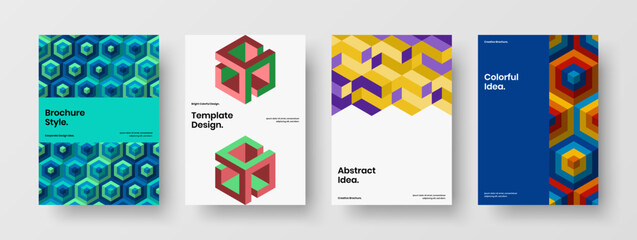 Colorful geometric hexagons front page layout set. Trendy flyer A4 design vector illustration bundle.