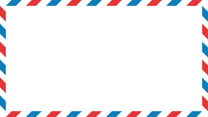 Obraz premium Airmail envelope frame with blue and red stripes on white background. International vintage letter border. Retro air mail postcard. Blank envelope. Vector illustration isolated on white background.