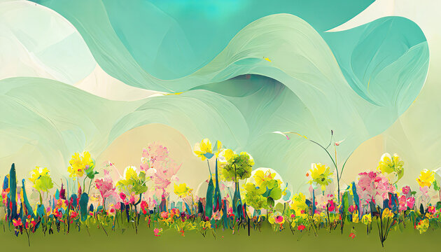 spring summer background with flowers nad blue sky