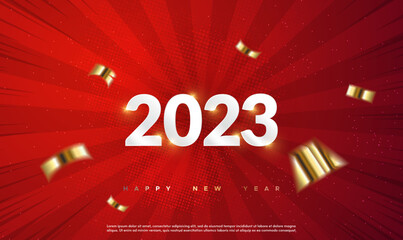 2023 Happy New Year Background Design. New year holidays card with gold confetti on red striped background. 2023 new year banner template. Holiday Greeting Card, Banner, Poster. Vector illustration.