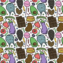 Seamless food pattern. Doodle food background. Food illustration