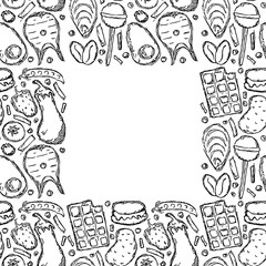 food background with place for text. Doodle food frame illustration