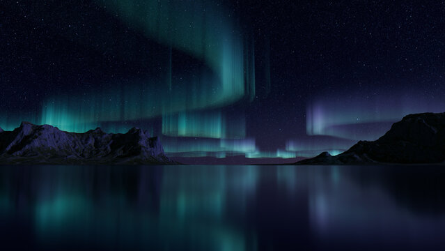 Blue Aurora Lights over Rugged Mountains. Beautiful Northern Lights Background with copy-space.