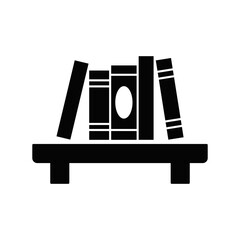 Bookshelf icon in black flat glyph, filled style isolated on white background
